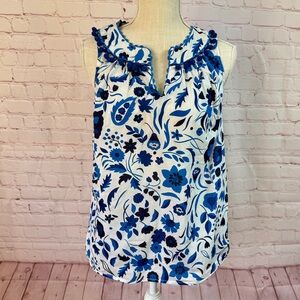 Boden NESSA Blouse Blue White Floral Pom Pom Sleeveless Cotton S 6
